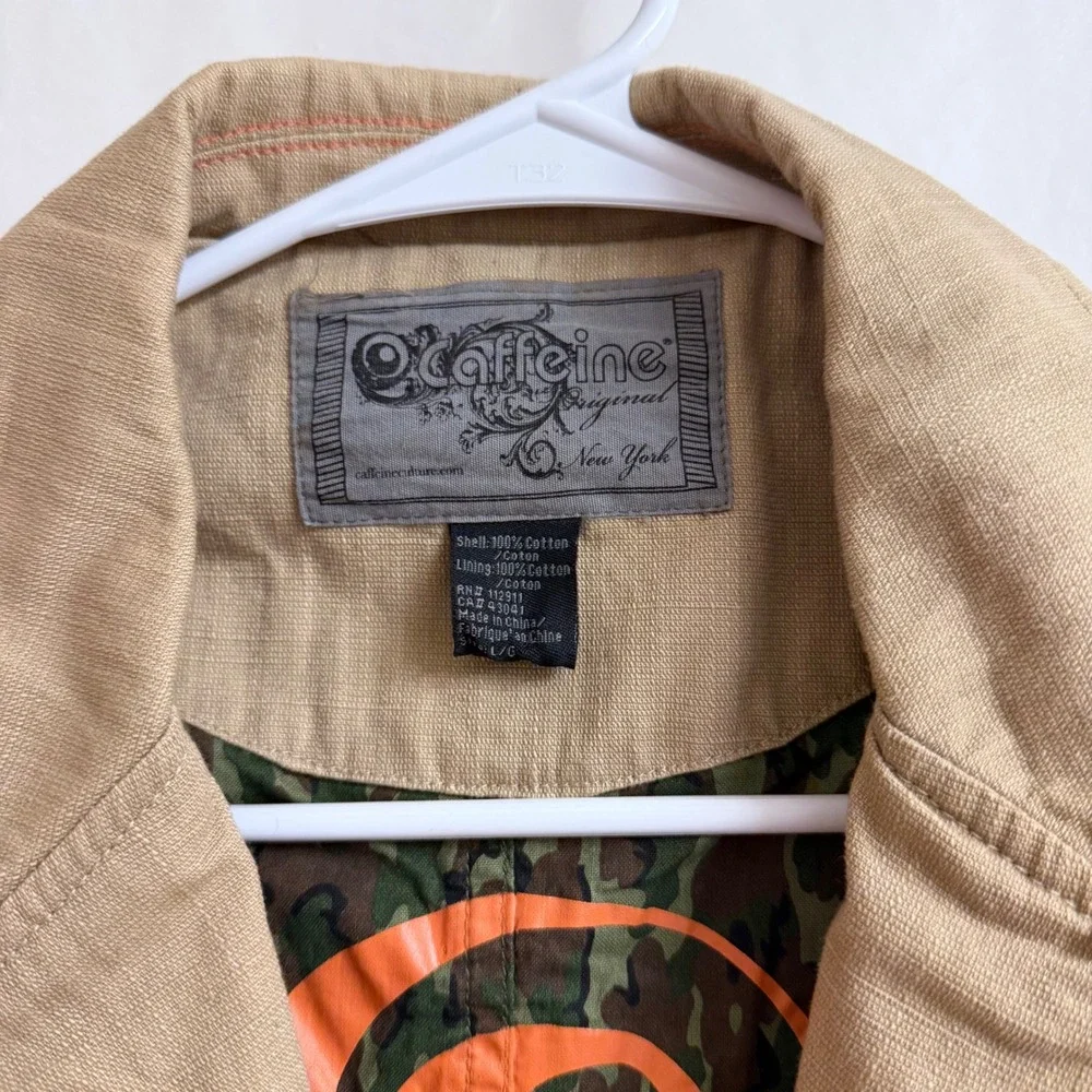 Caffeine Culture VTG Y2K Mens Tan Utility Jacket Blazer Elbow Patch Camo Lined L